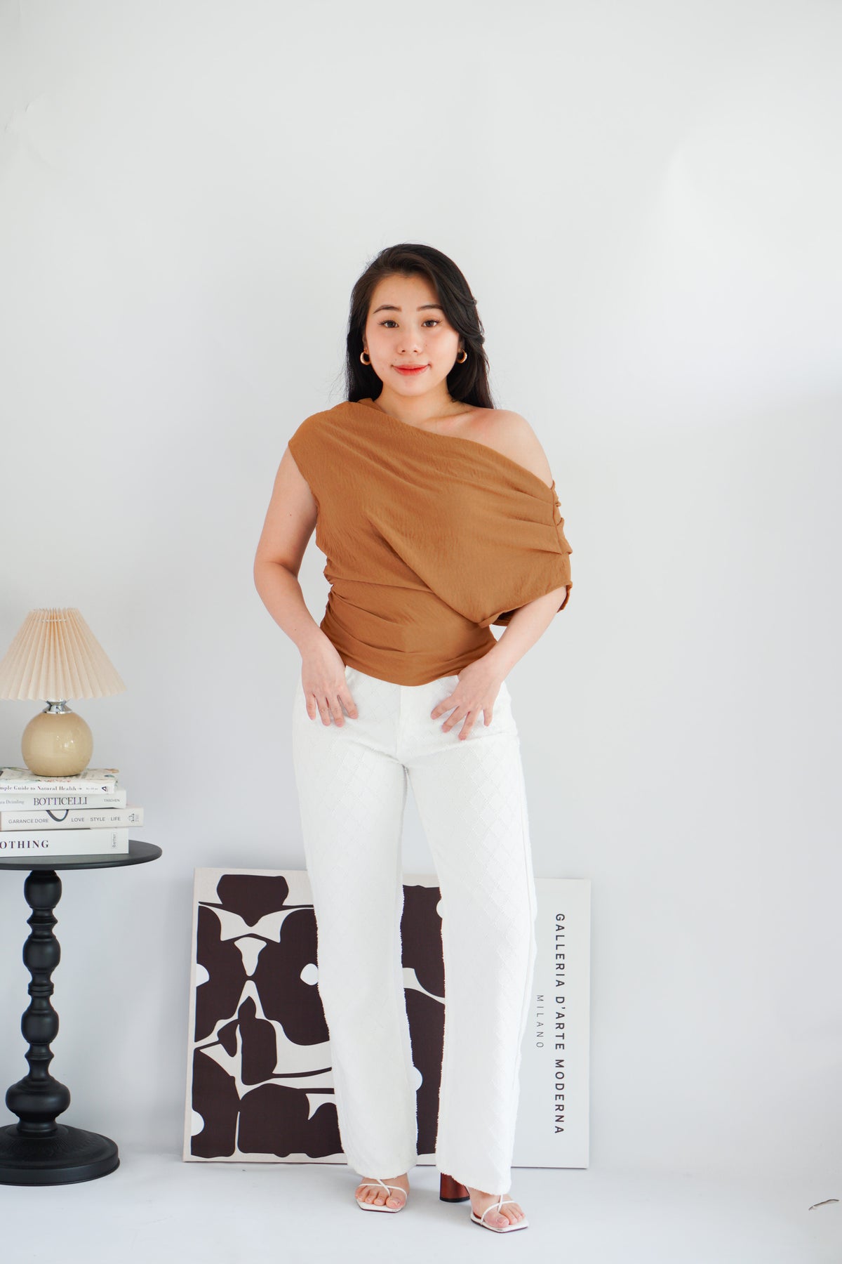 Jilsa Ruched Toga Off Shoulder Top in Brown