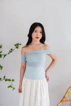 Auraya Off Shoulder Drape Mesh Top in Blue
