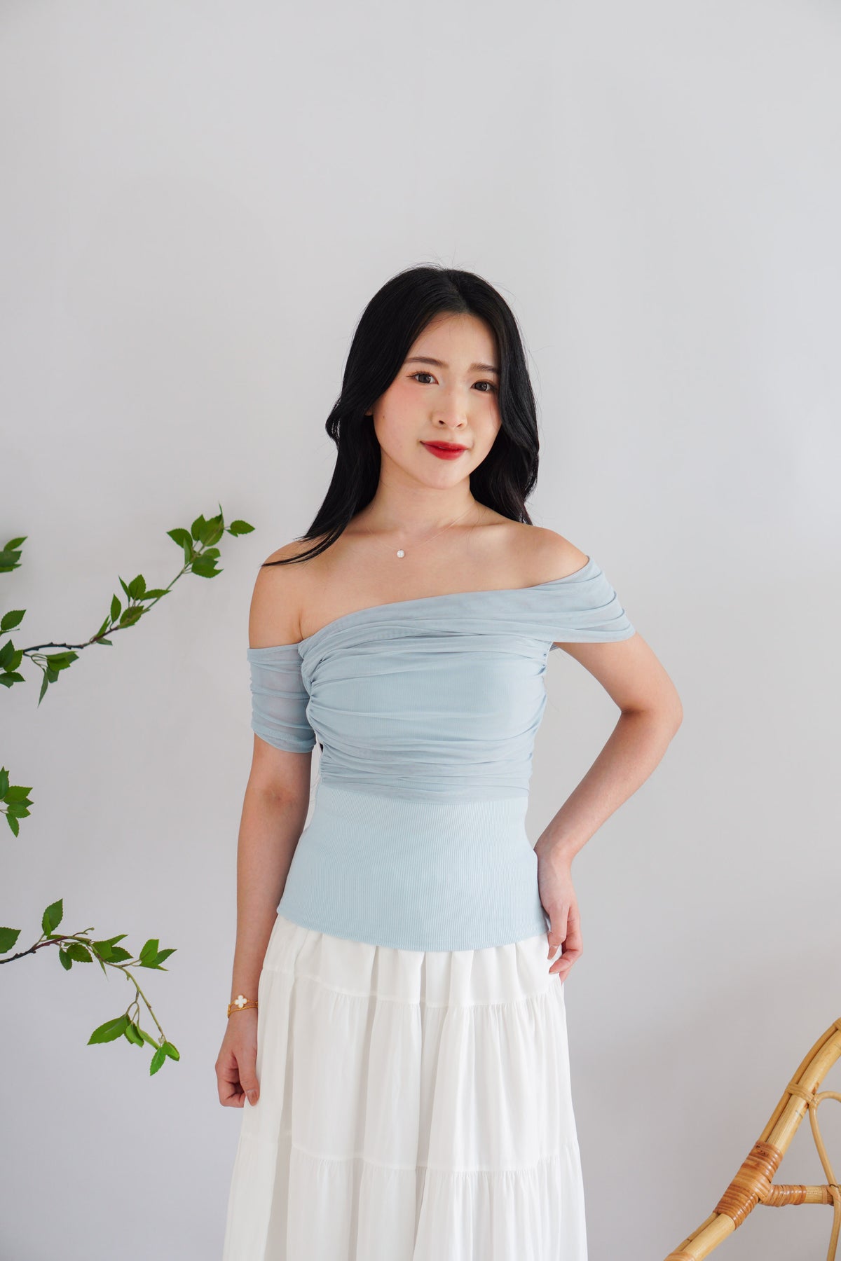 Auraya Off Shoulder Drape Mesh Top in Blue