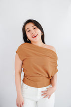 Jilsa Ruched Toga Off Shoulder Top in Brown