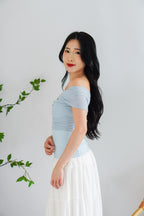 Auraya Off Shoulder Drape Mesh Top in Blue