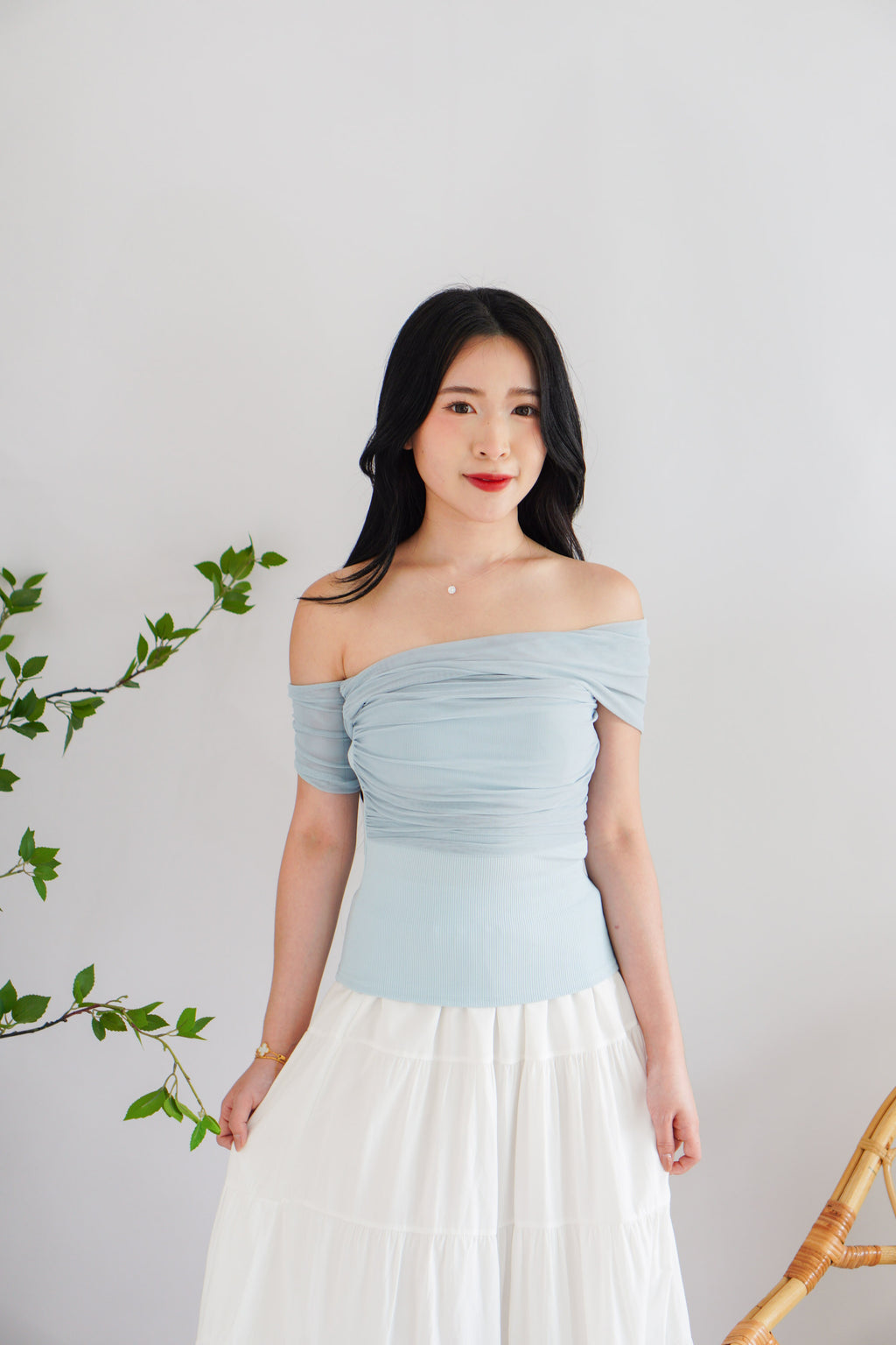 Auraya Off Shoulder Drape Mesh Top in Blue