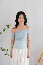 Auraya Off Shoulder Drape Mesh Top in Blue