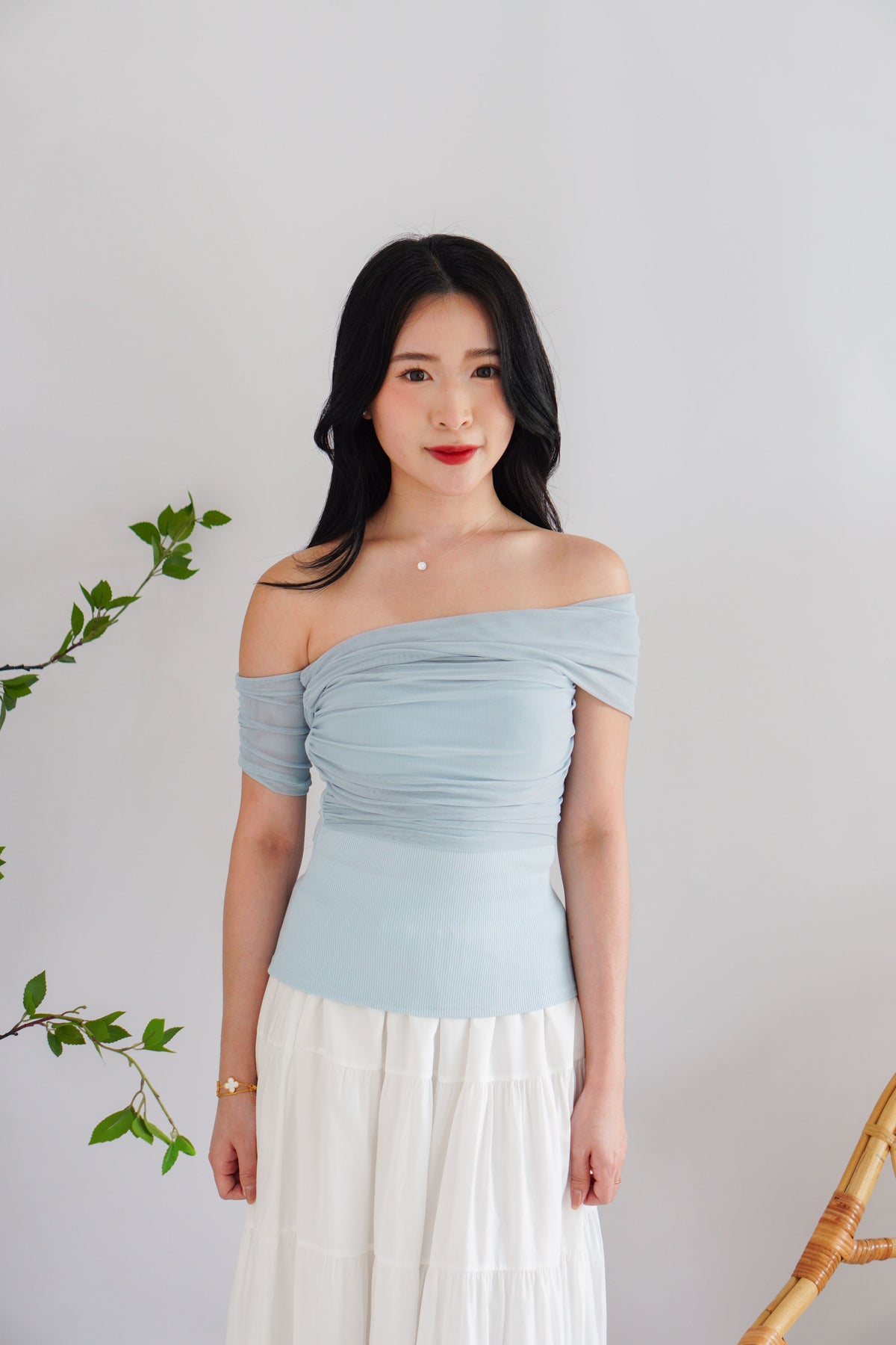 Auraya Off Shoulder Drape Mesh Top in Blue