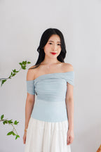 Auraya Off Shoulder Drape Mesh Top in Blue