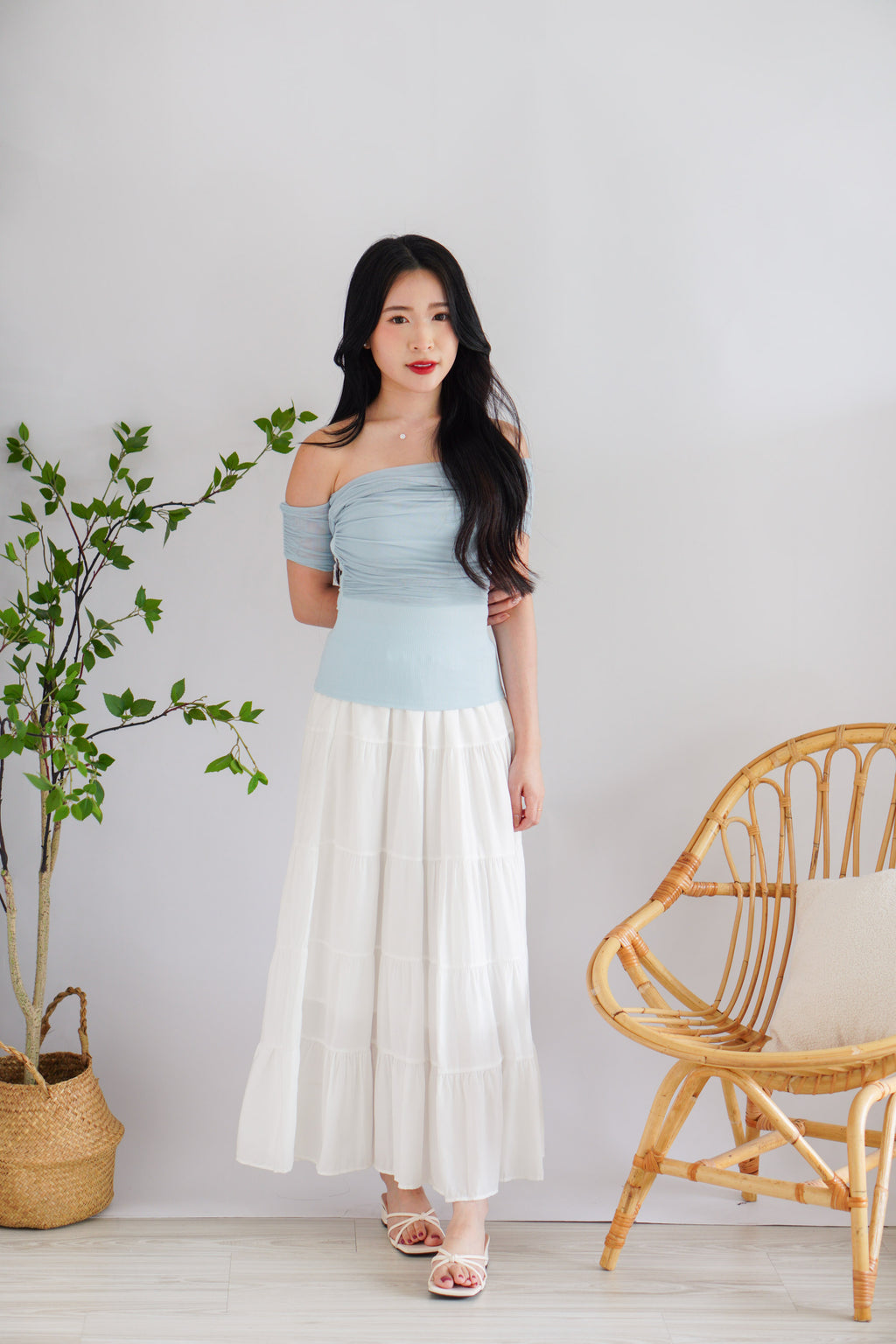 Auraya Off Shoulder Drape Mesh Top in Blue