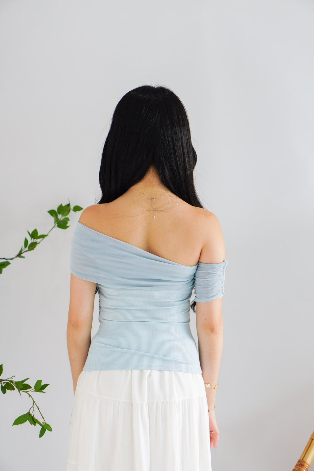 Auraya Off Shoulder Drape Mesh Top in Blue