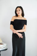 Auraya Off Shoulder Drape Mesh Top in Black