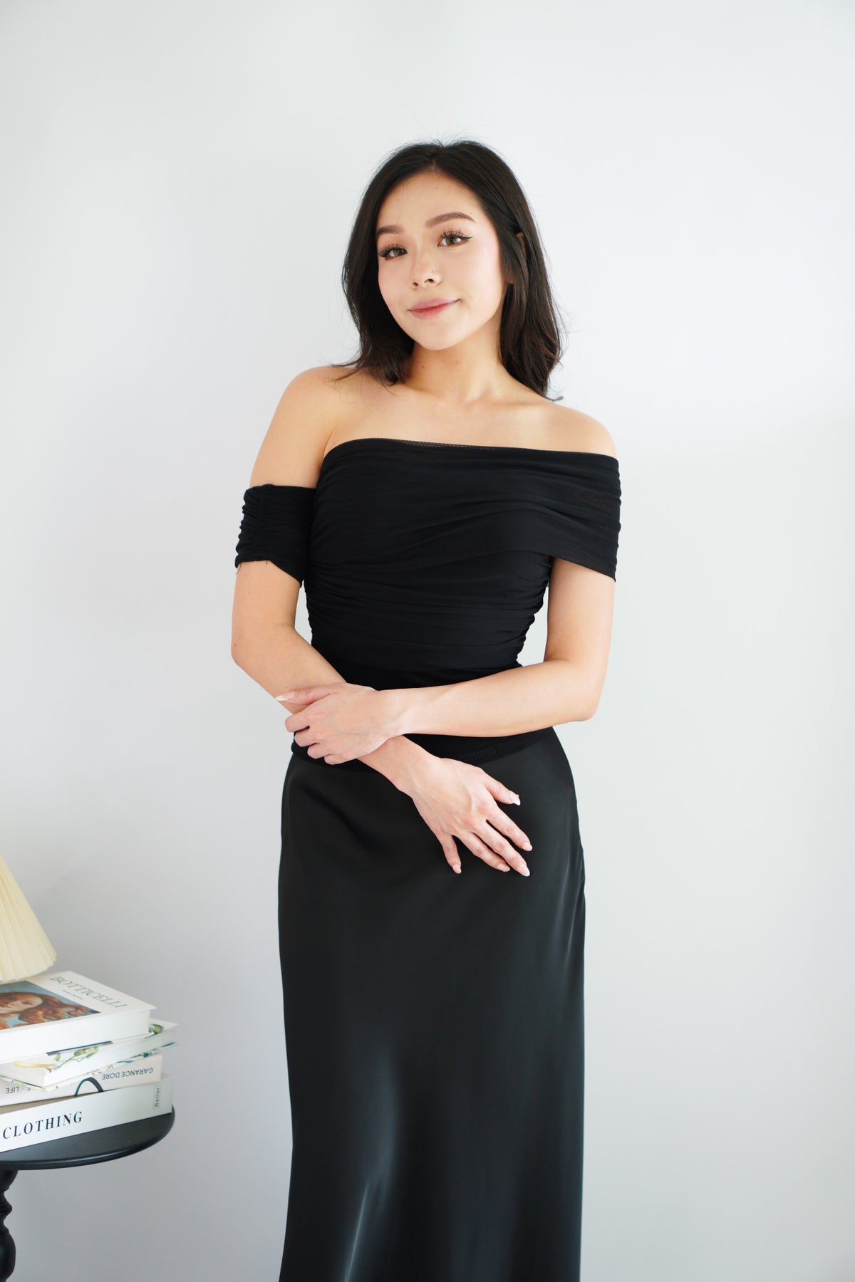 Auraya Off Shoulder Drape Mesh Top in Black