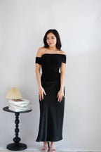 Auraya Off Shoulder Drape Mesh Top in Black