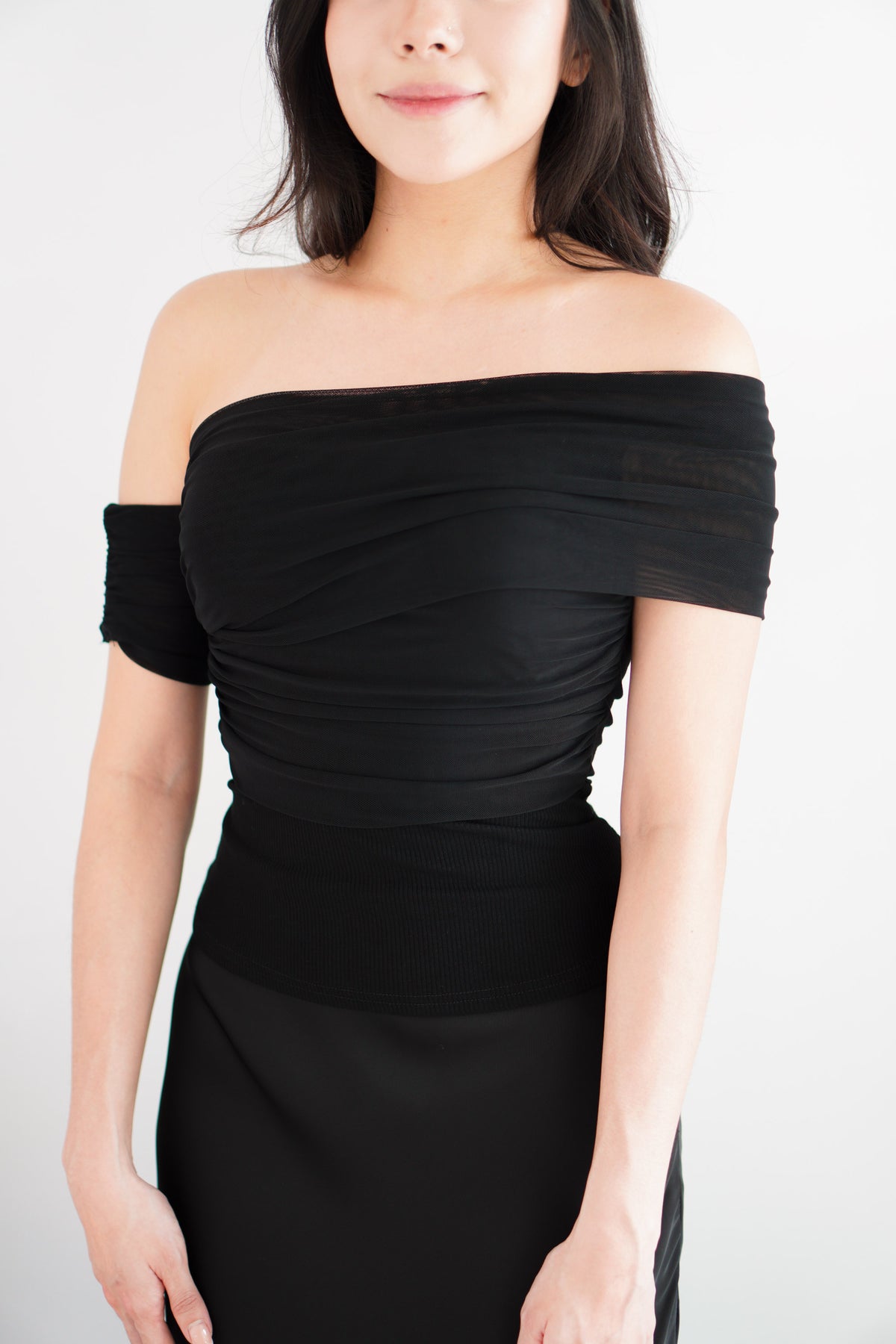 Auraya Off Shoulder Drape Mesh Top in Black