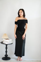 Auraya Off Shoulder Drape Mesh Top in Black
