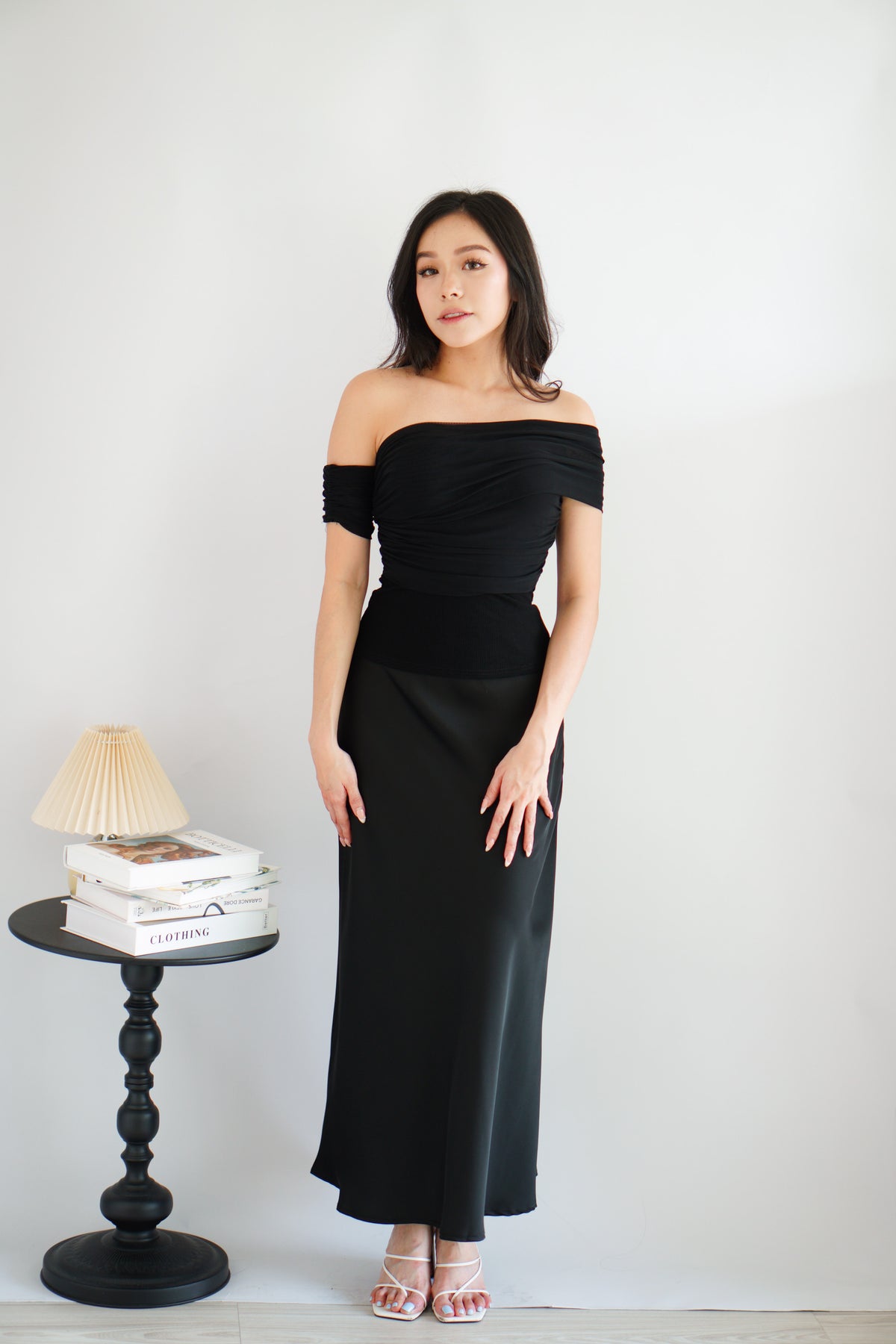 Auraya Off Shoulder Drape Mesh Top in Black