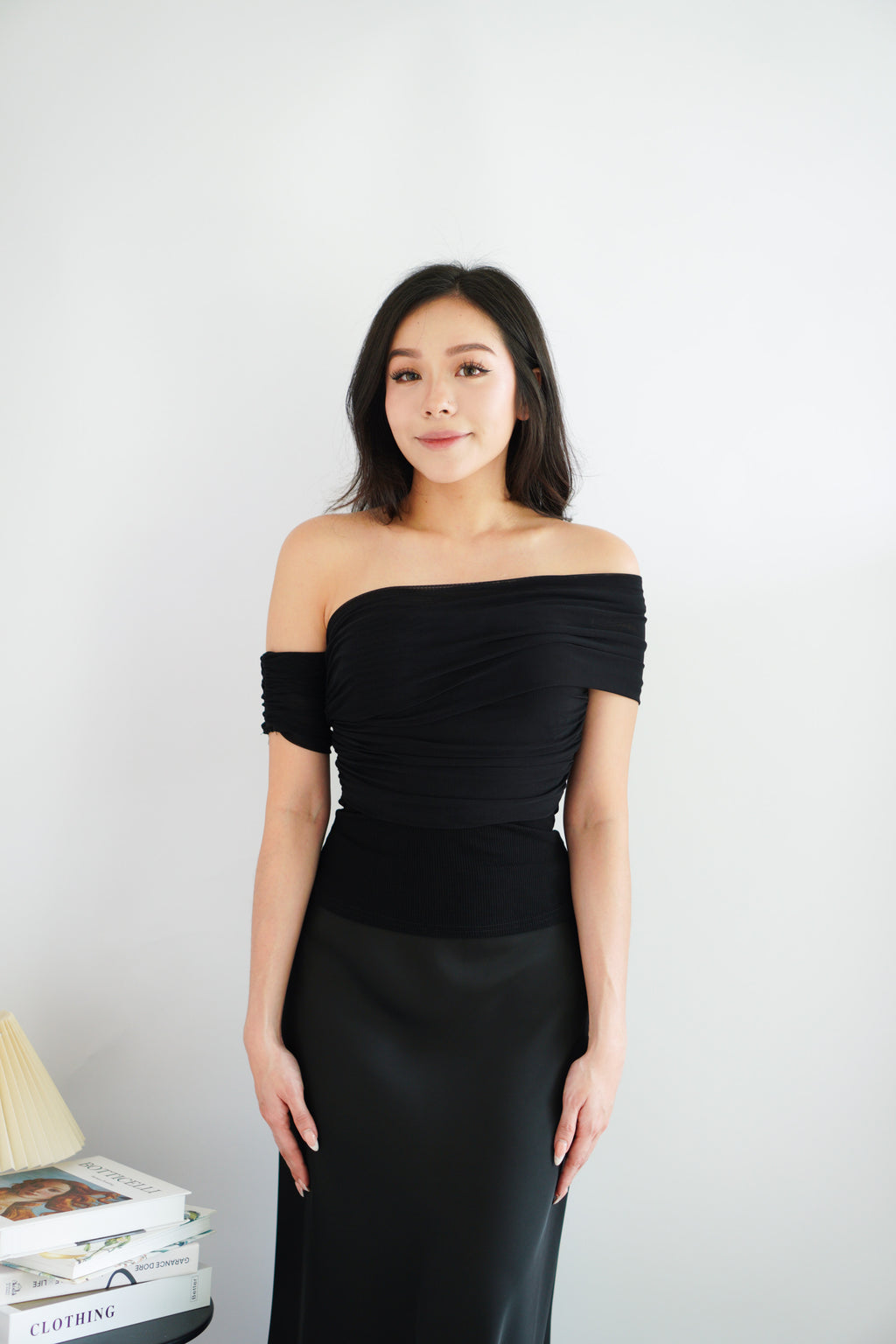 Auraya Off Shoulder Drape Mesh Top in Black