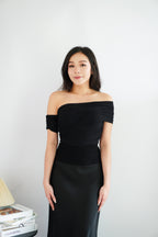 Auraya Off Shoulder Drape Mesh Top in Black
