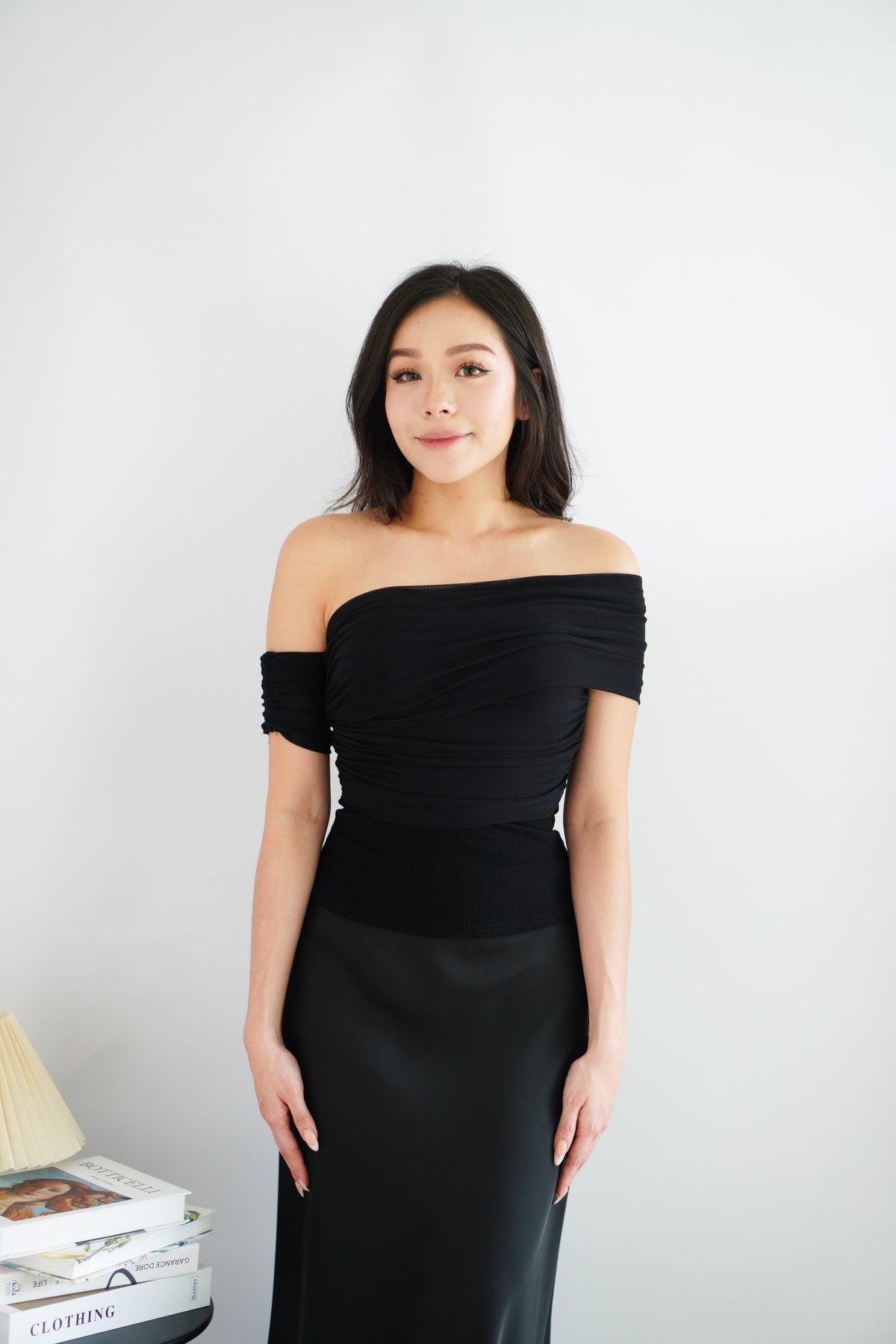 Auraya Off Shoulder Drape Mesh Top in Black
