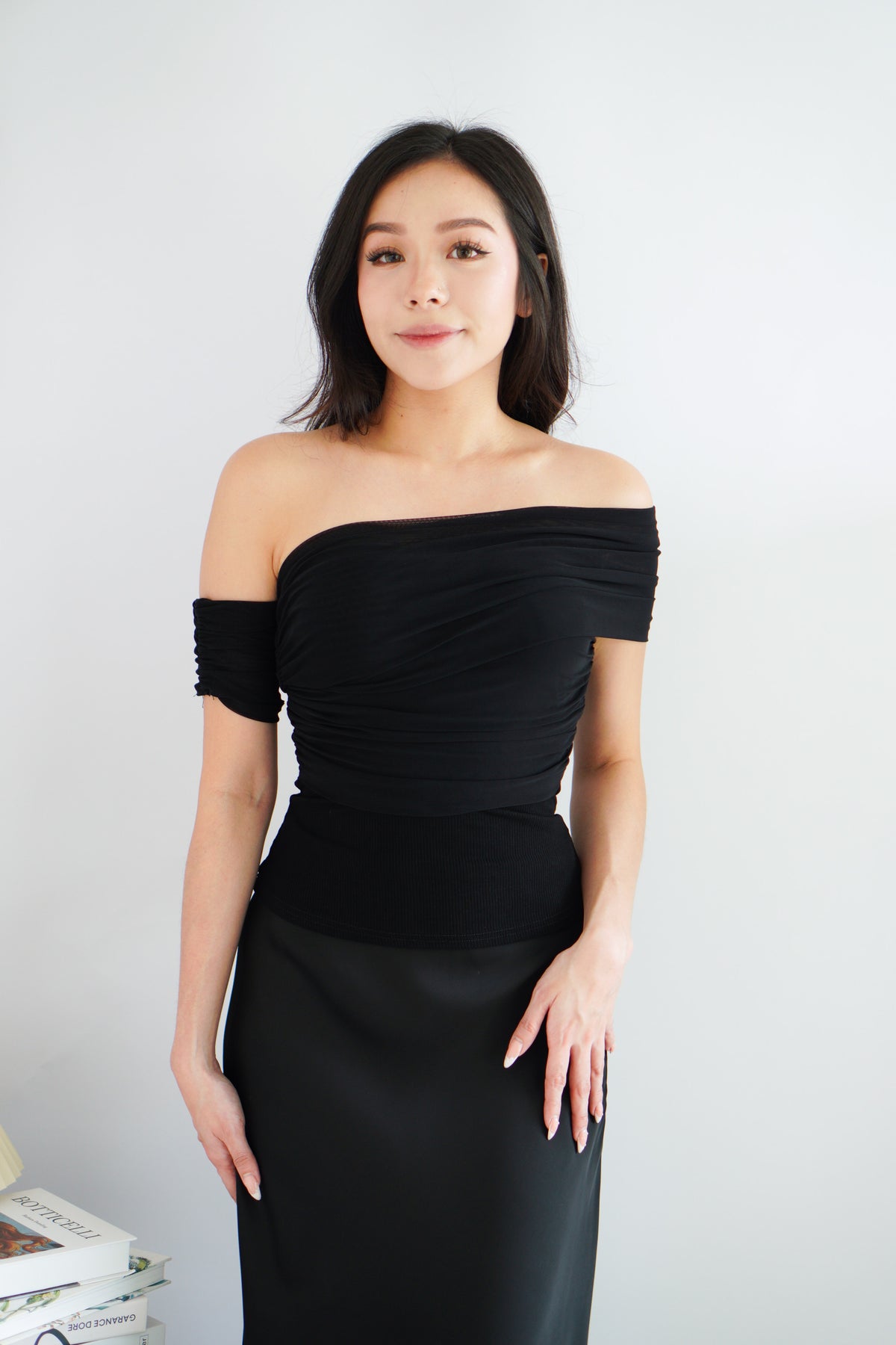 Auraya Off Shoulder Drape Mesh Top in Black