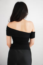 Auraya Off Shoulder Drape Mesh Top in Black