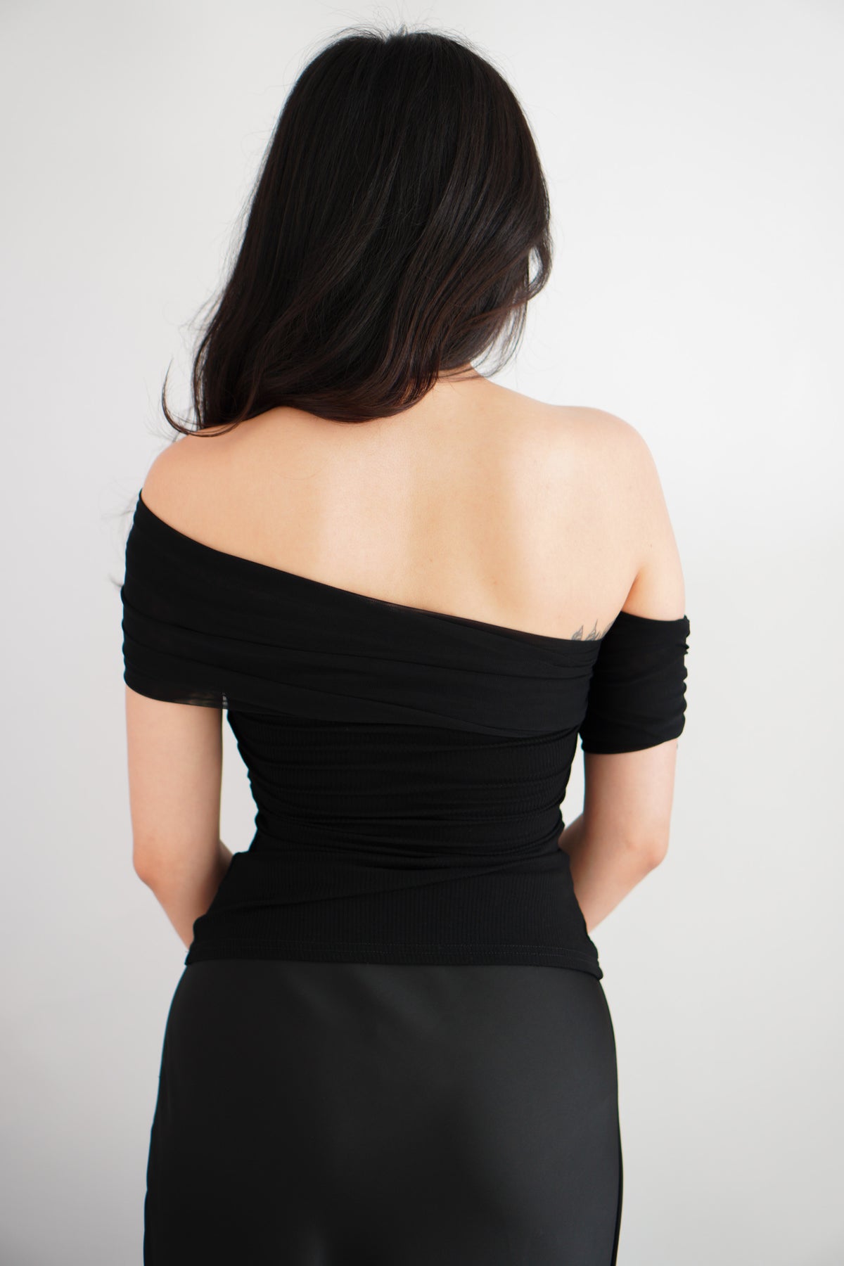 Auraya Off Shoulder Drape Mesh Top in Black