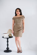 Noira Toga Ruched Mini Satin Dress in Khaki