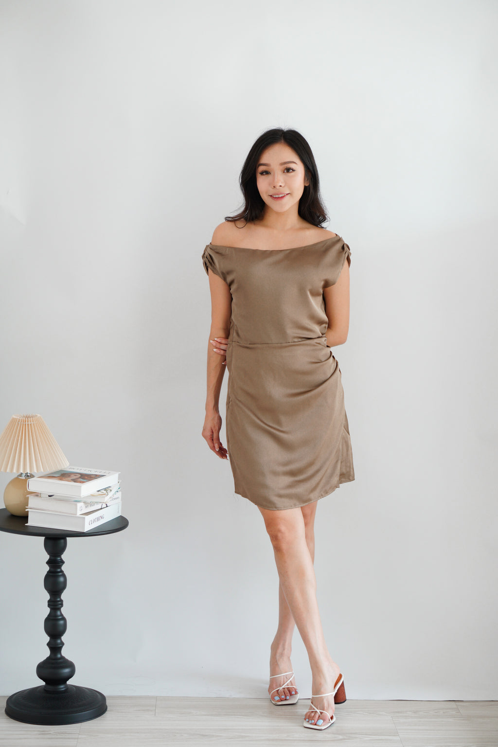 Noira Toga Ruched Mini Satin Dress in Khaki