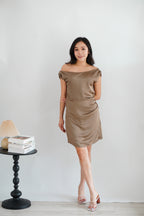 Noira Toga Ruched Mini Satin Dress in Khaki