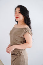 Noira Toga Ruched Mini Satin Dress in Khaki