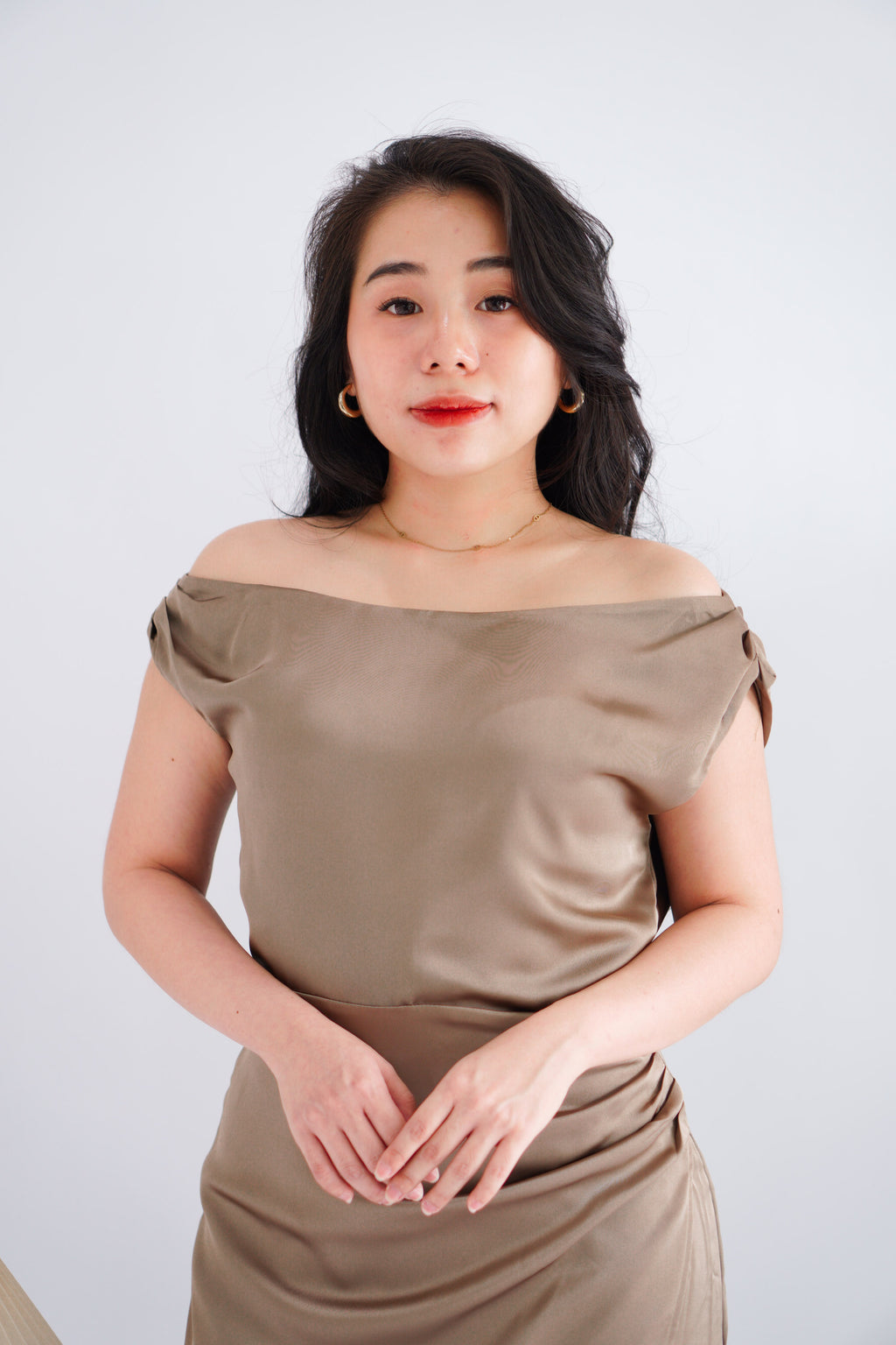 Noira Toga Ruched Mini Satin Dress in Khaki