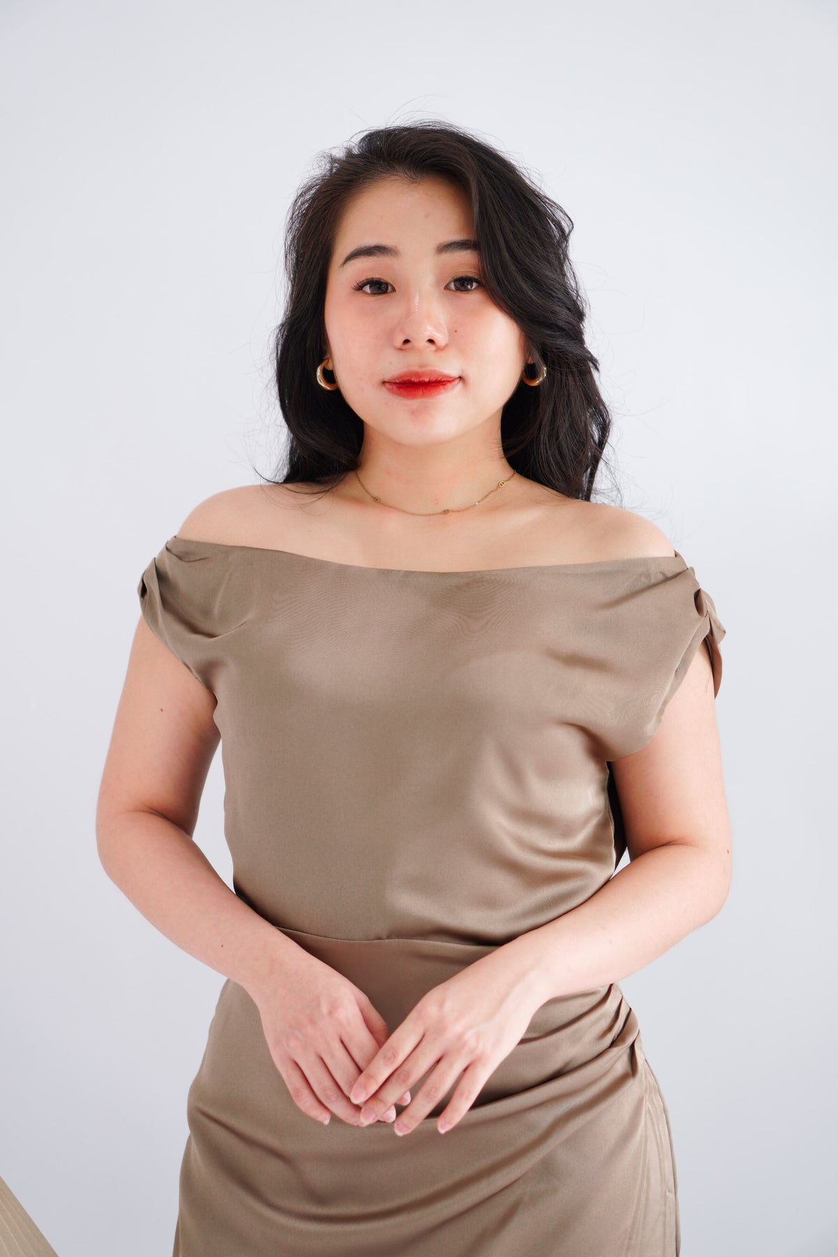 Noira Toga Ruched Mini Satin Dress in Khaki