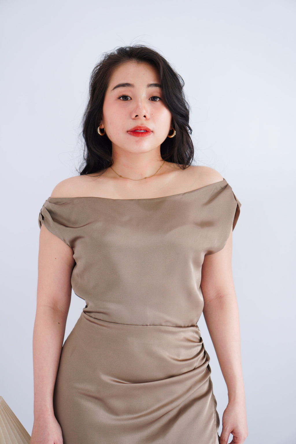 Noira Toga Ruched Mini Satin Dress in Khaki