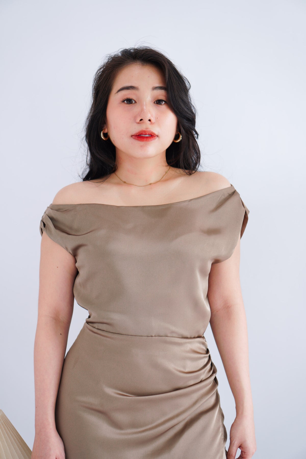 Noira Toga Ruched Mini Satin Dress in Khaki