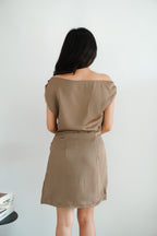 Noira Toga Ruched Mini Satin Dress in Khaki