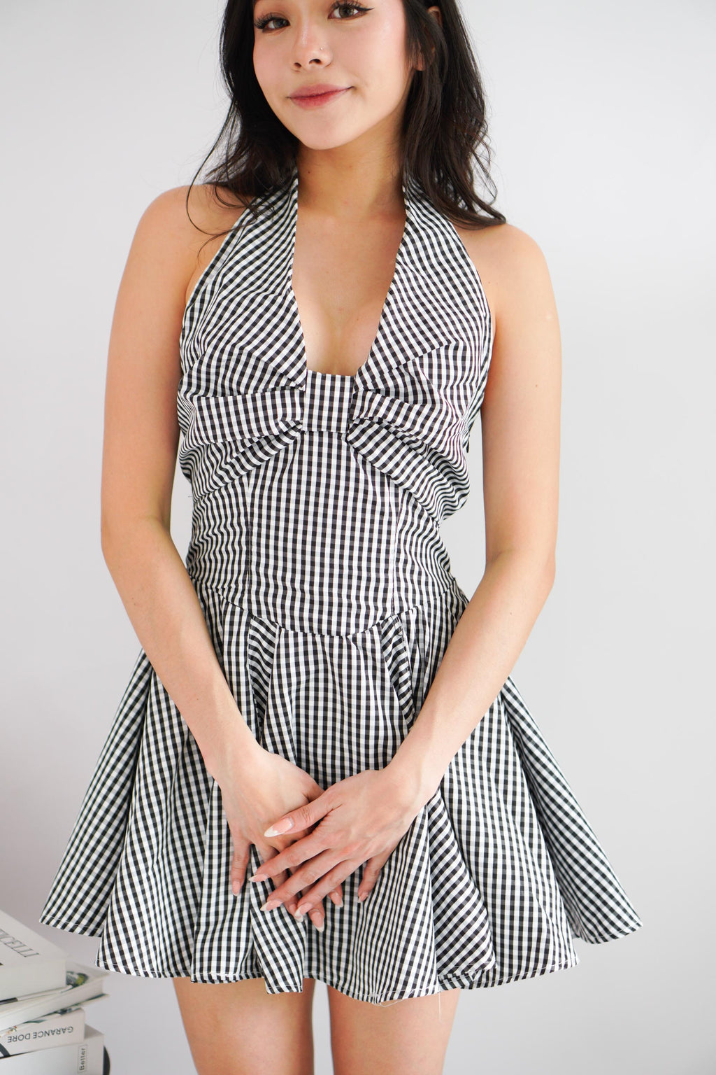 Lindsey Gingham Halter Dress in Black