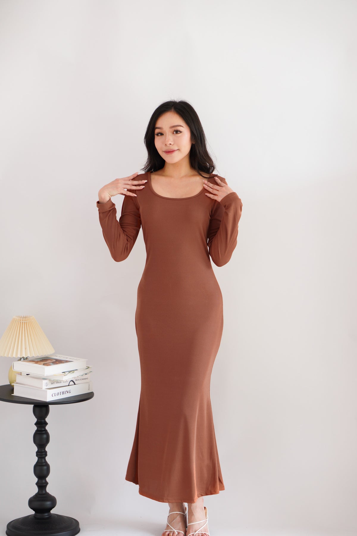 Ophira Long Sleeve Maxi Dress in Brown Orange