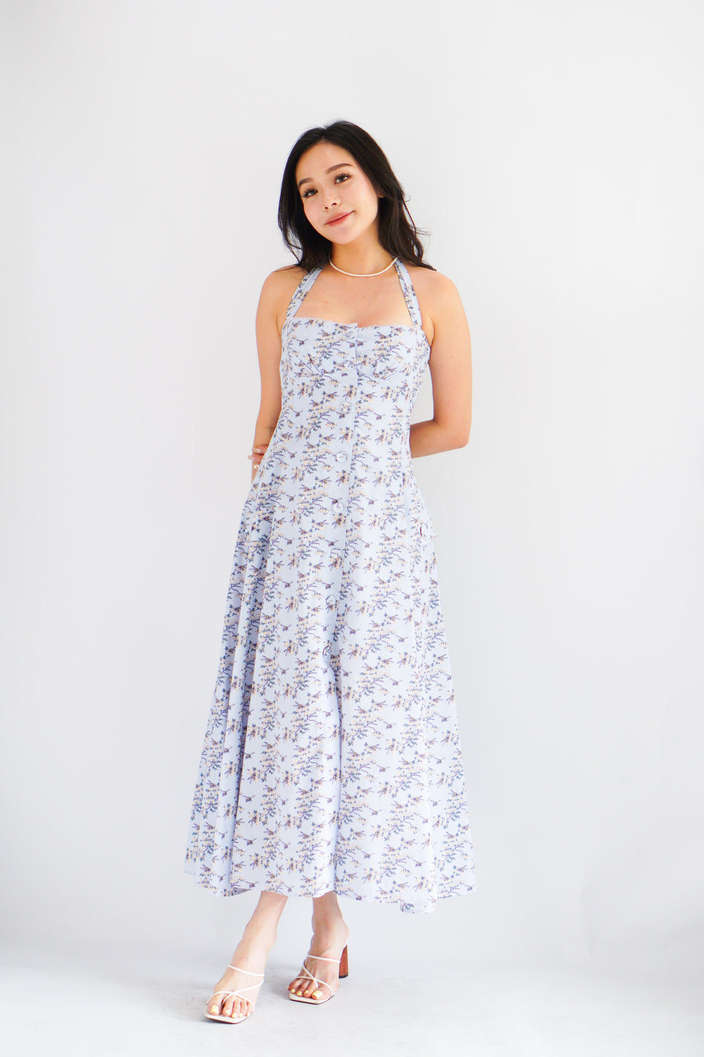 Vesira Halter Neck Floral Maxi A-Line Dress in Purple