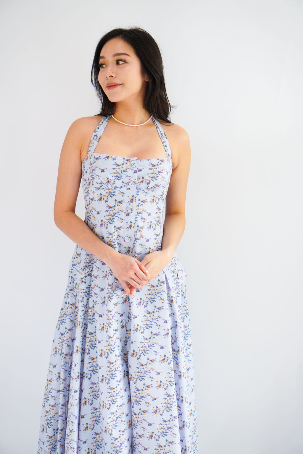 Vesira Halter Neck Floral Maxi A-Line Dress in Purple