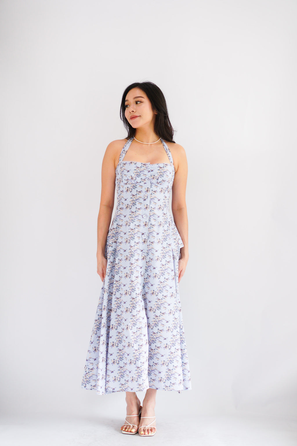 Vesira Halter Neck Floral Maxi A-Line Dress in Purple
