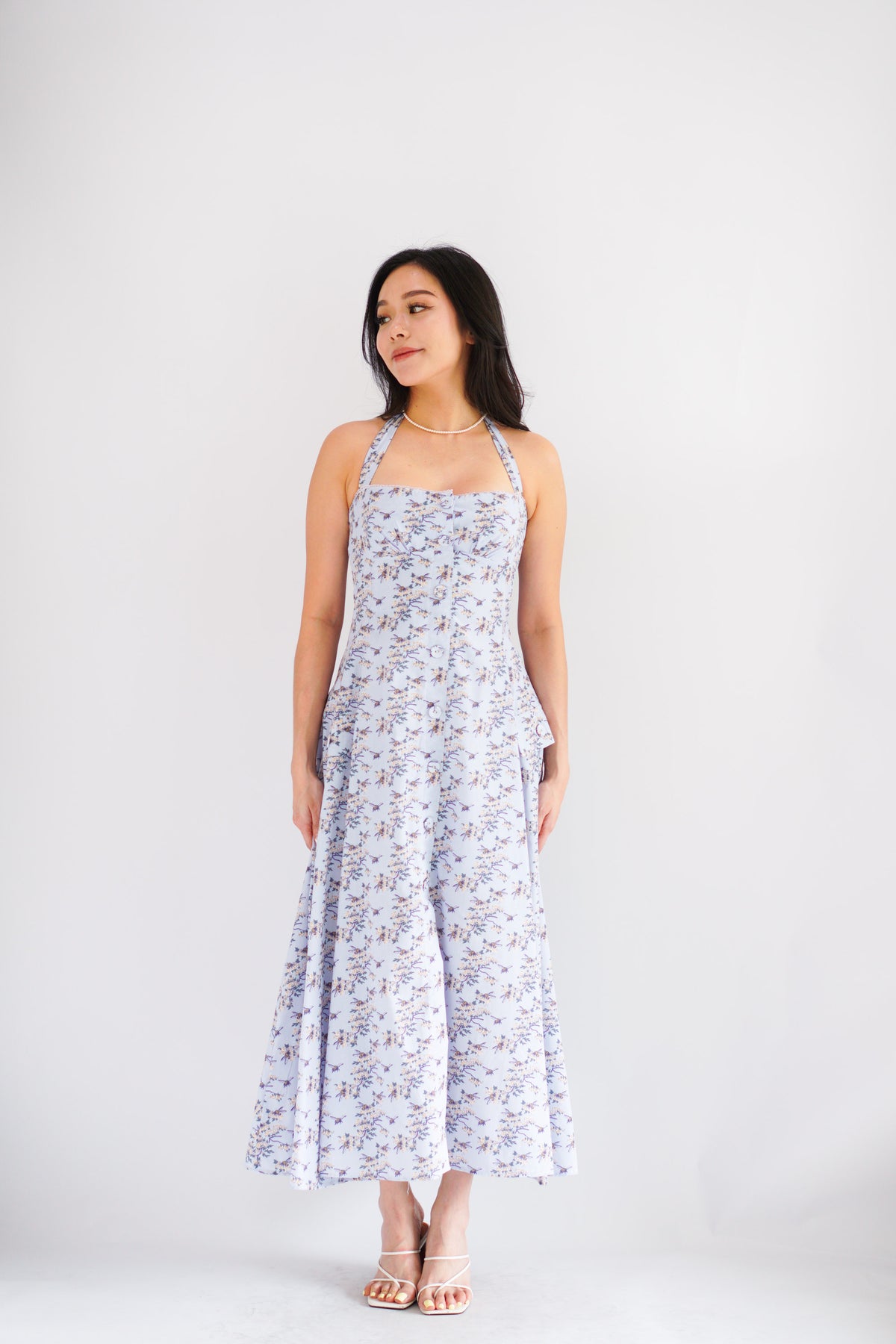 Vesira Halter Neck Floral Maxi A-Line Dress in Purple