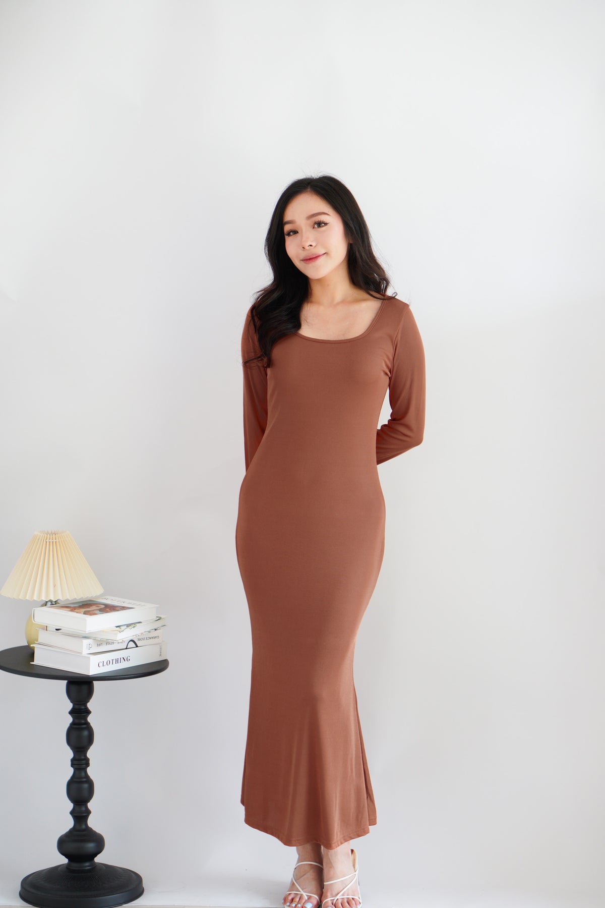 Ophira Long Sleeve Maxi Dress in Brown Orange