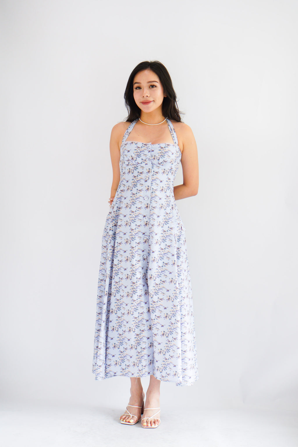 Vesira Halter Neck Floral Maxi A-Line Dress in Purple