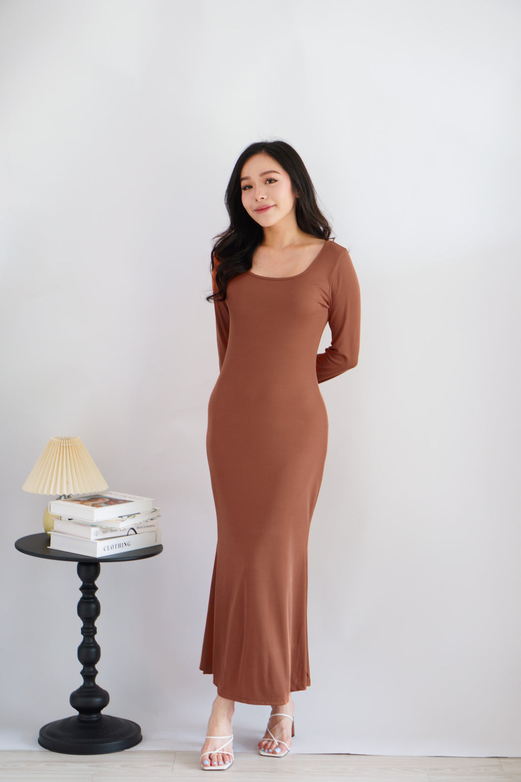 Ophira Long Sleeve Maxi Dress in Brown Orange