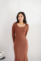 Ophira Long Sleeve Maxi Dress in Brown Orange