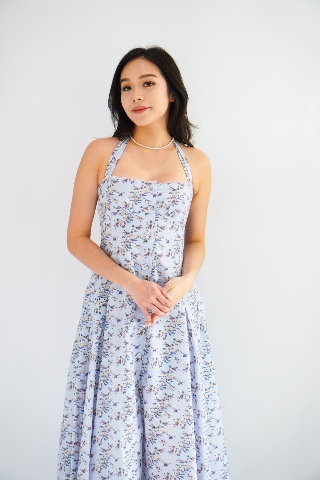 Vesira Halter Neck Floral Maxi A-Line Dress in Purple