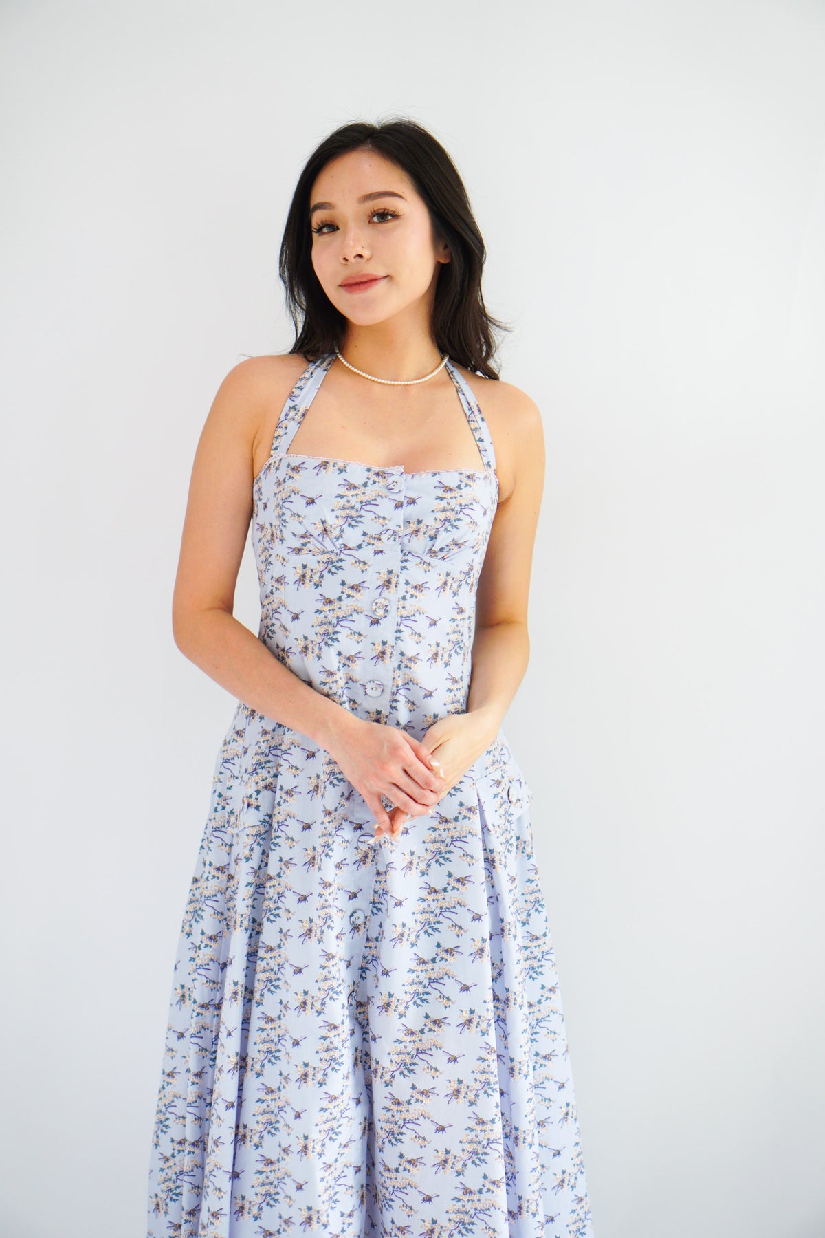 Vesira Halter Neck Floral Maxi A-Line Dress in Purple
