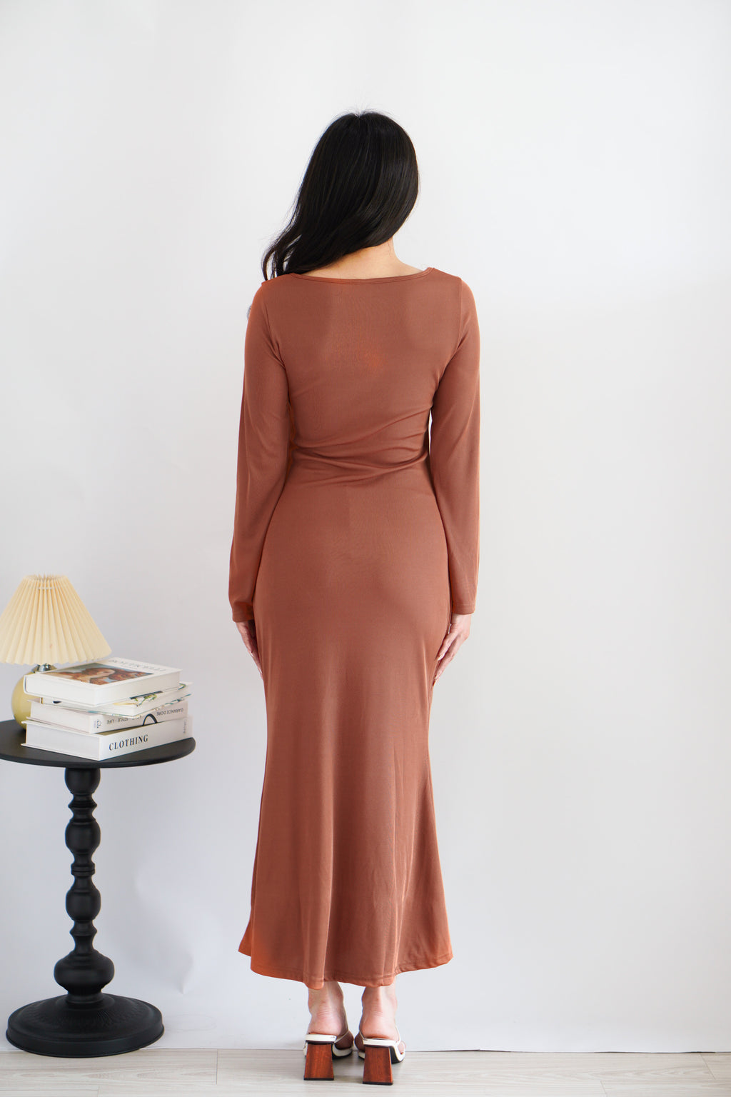 Ophira Long Sleeve Maxi Dress in Brown Orange