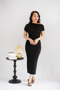 Thaya Toga Off Shoulder Bodycon Maxi Dress in Black