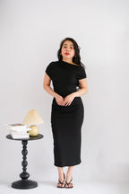 Thaya Toga Off Shoulder Bodycon Maxi Dress in Black