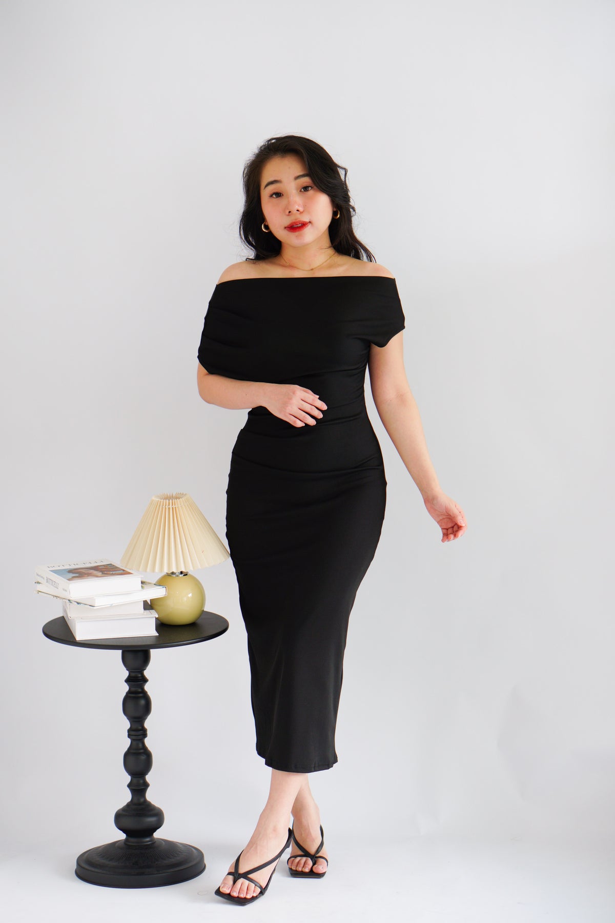 Thaya Toga Off Shoulder Bodycon Maxi Dress in Black