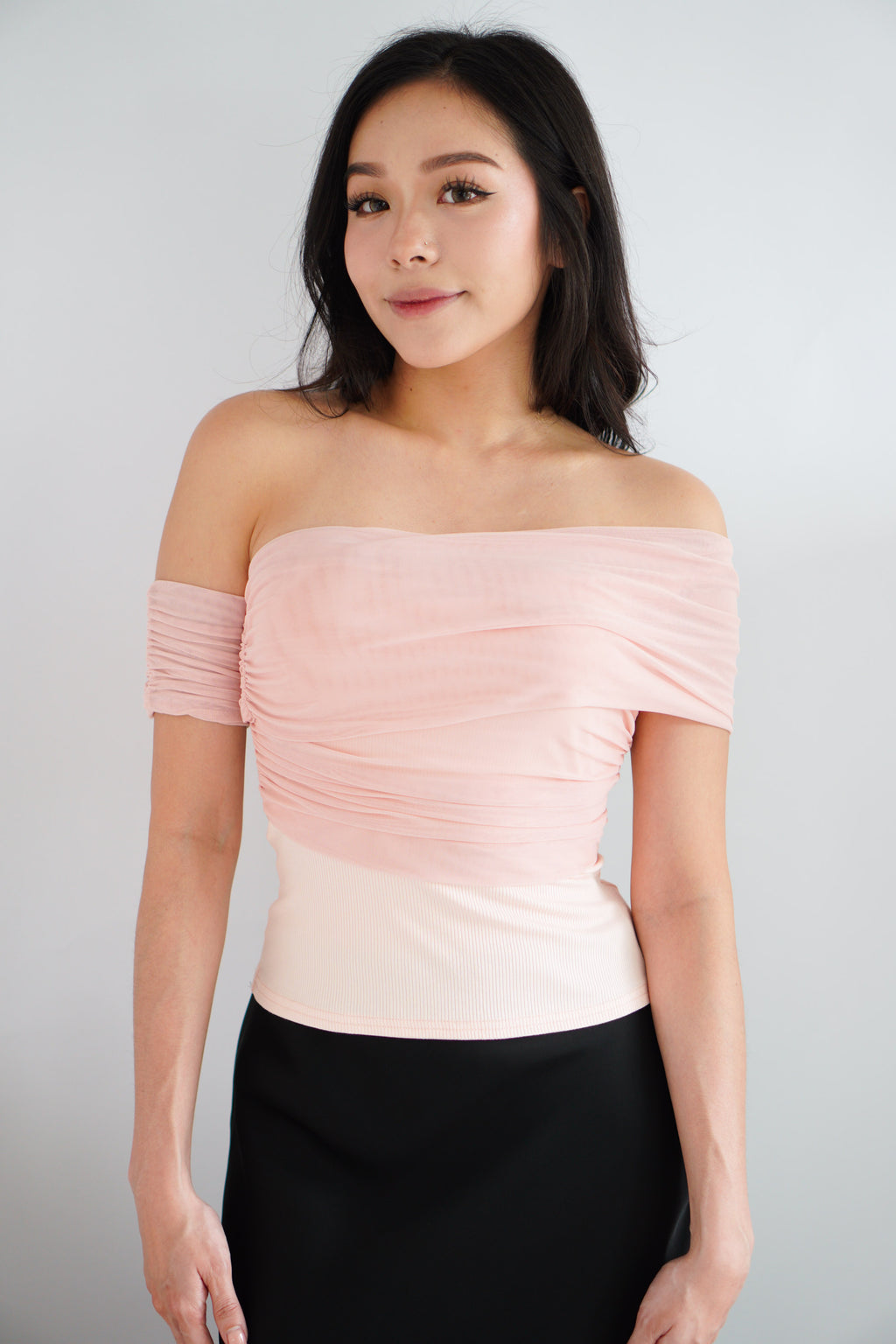 Auraya Off Shoulder Drape Mesh Top in Pink