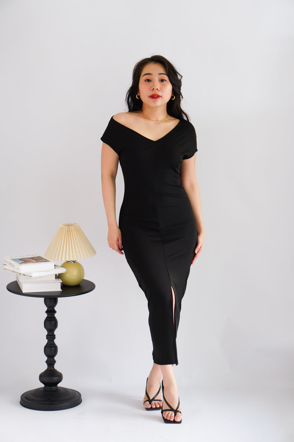 Thaya Toga Off Shoulder Bodycon Maxi Dress in Black